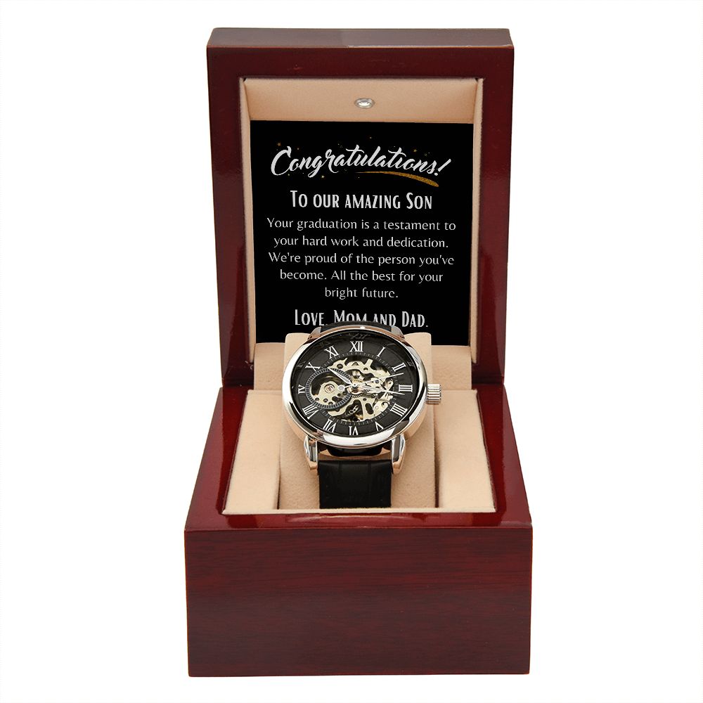 Congratulations, to our amazing Son| Graduation Day gift | Men's Openwork Watch | Gift for Son